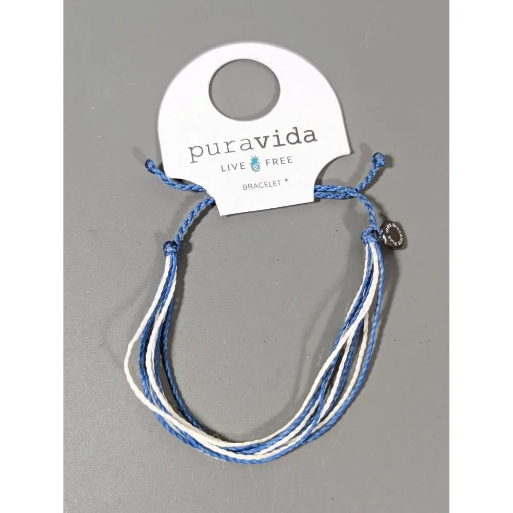 Puravida Blue White Cord Bracelet Adjustable Beachy Coastal‎ Surfer Boho NEW